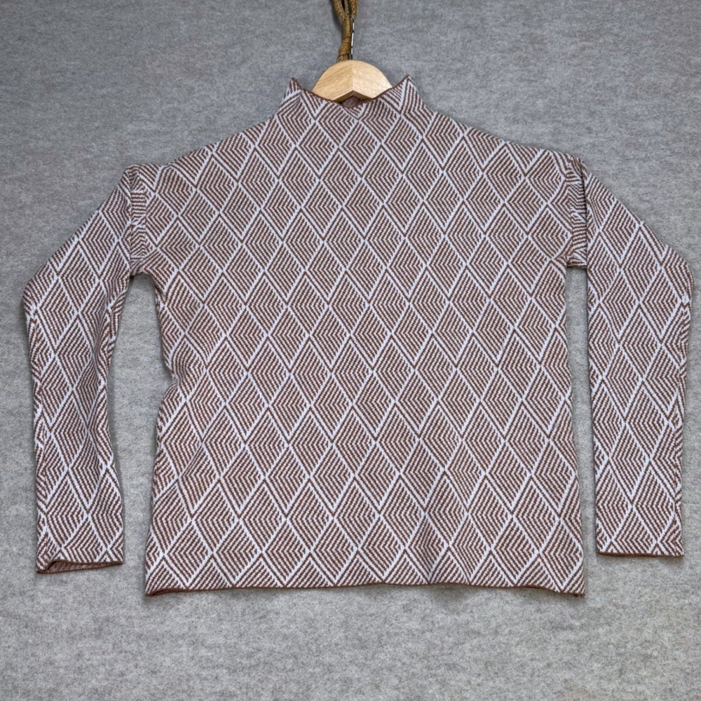 Halston Womens Mod Brown White Geometric Diamond Mock Neck Knit Sweater Size M